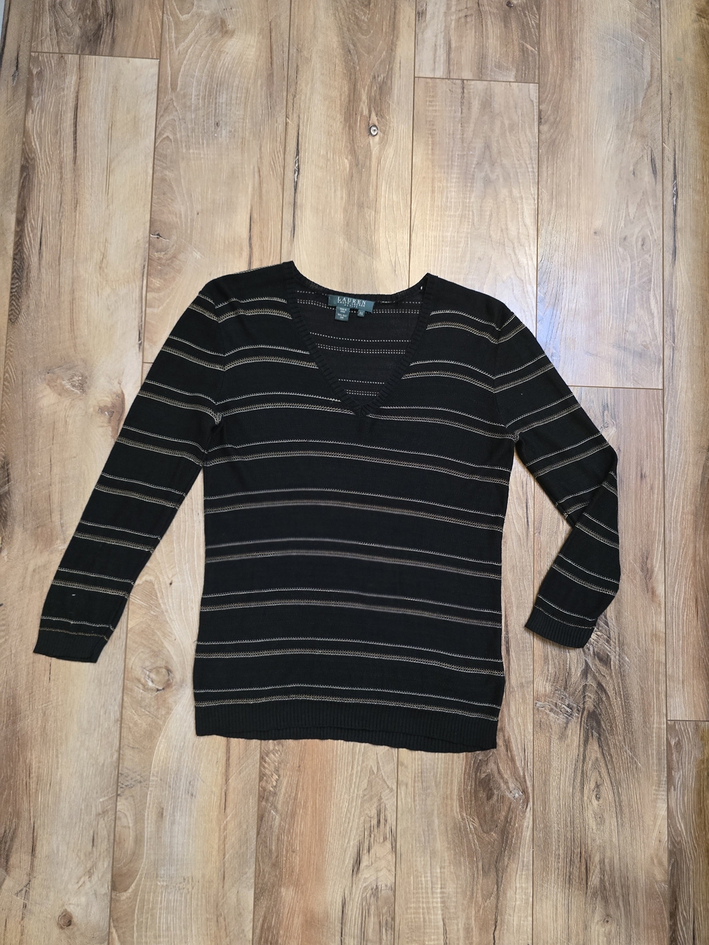 Ralph Lauren Black V-Neck Sweater with Cream Stripes 100% Silk